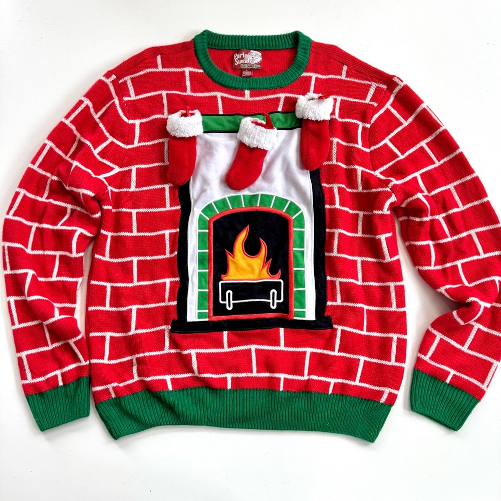 Party Sweater Dec 25th Long Sleeve Crew Neck Fireplace Ugly Chritmas Holiday Lg